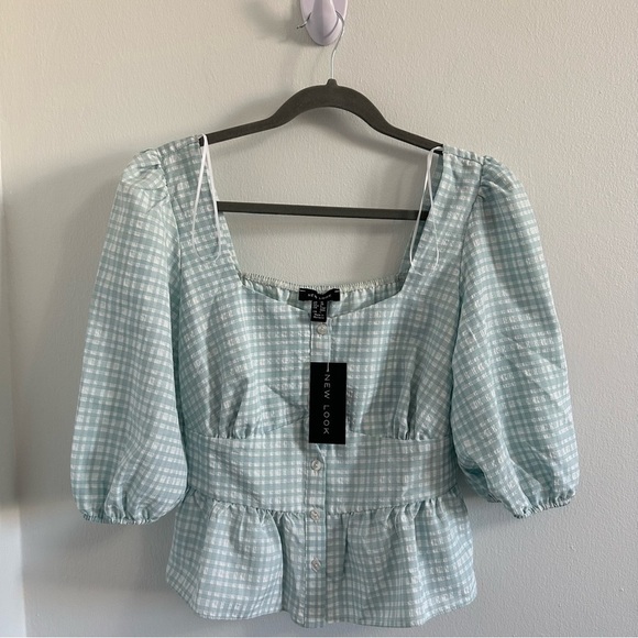 (NWT)  New Look button up tea cute blouse in mint plaid - Picture 4 of 10